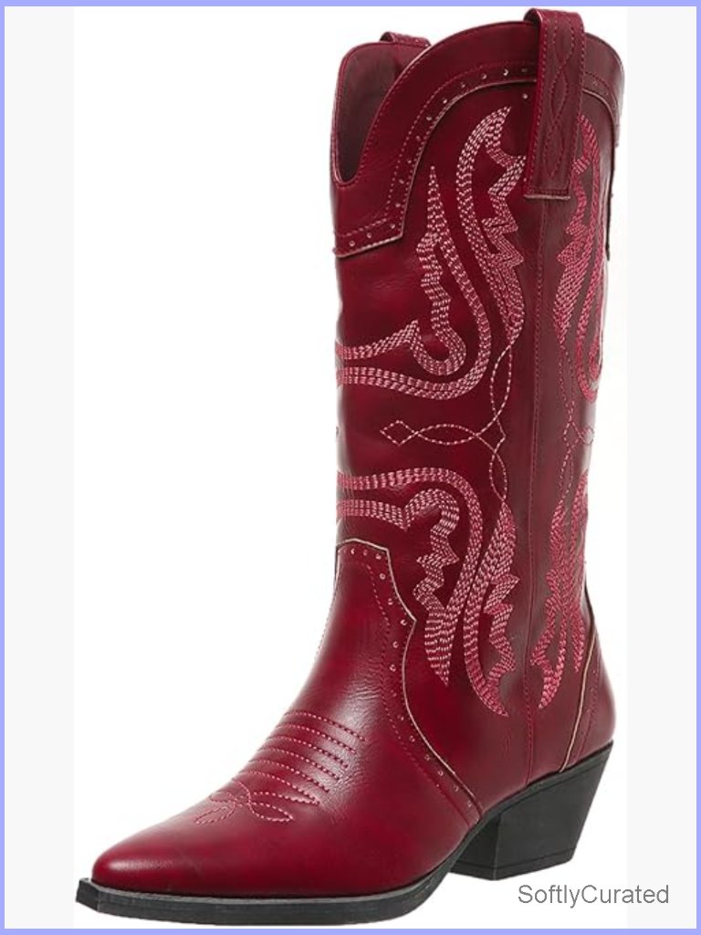 Women's Cowgirl Western Boots Embroidered Mid Calf Chunky Block Heel Pointed